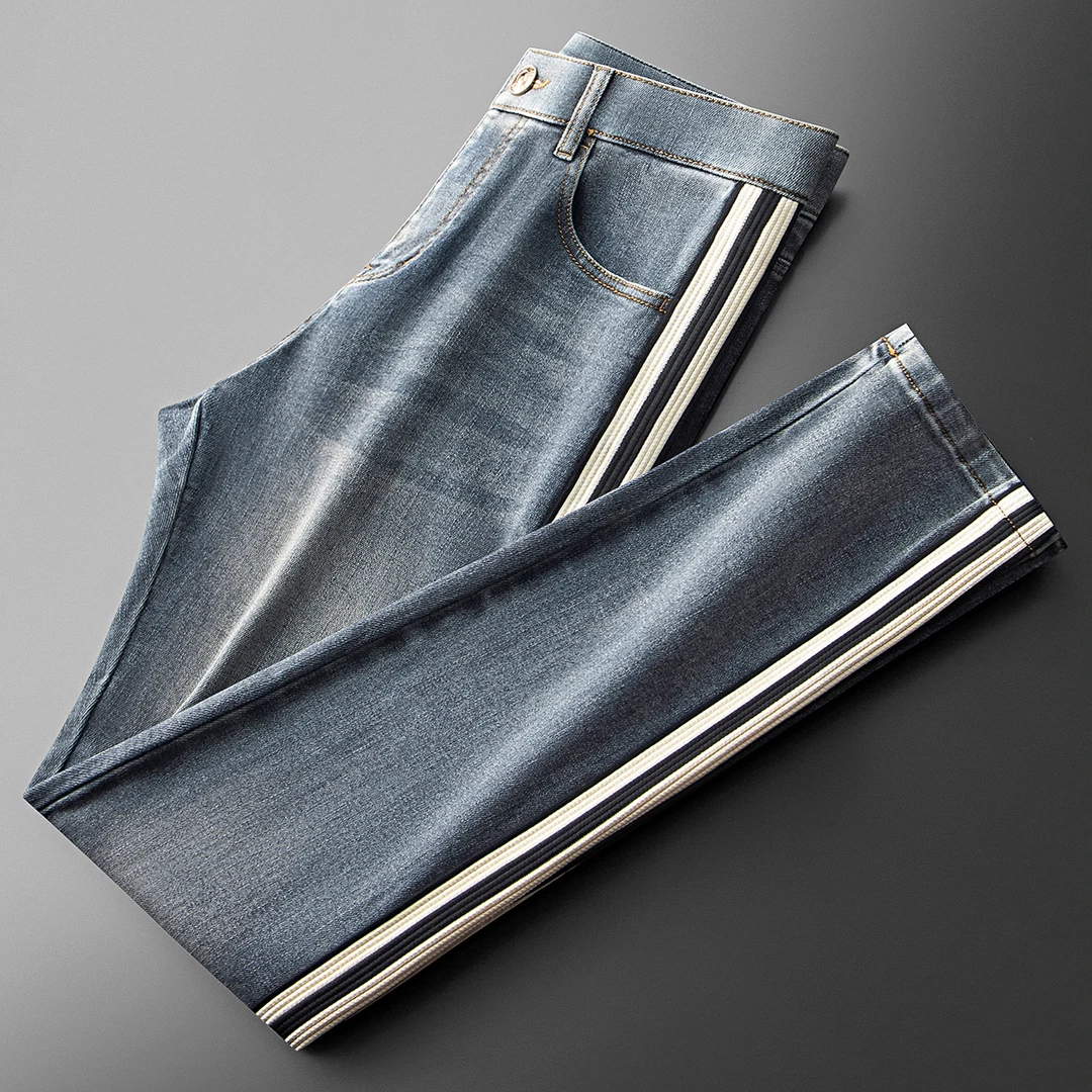 劳玛杜伽男士秋季时尚撞色织带拼接水洗牛仔裤修身直筒休闲男裤