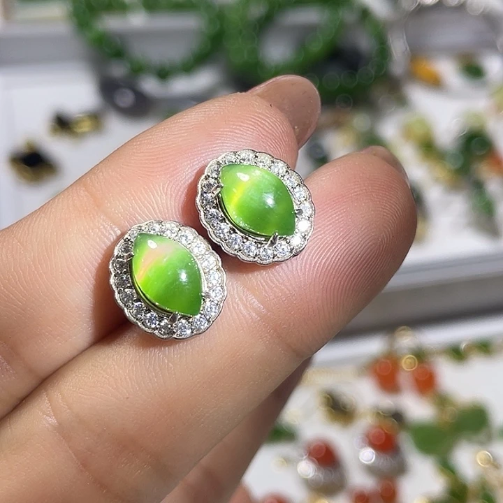 银S925镶嵌和田玉（碧玉）耳饰