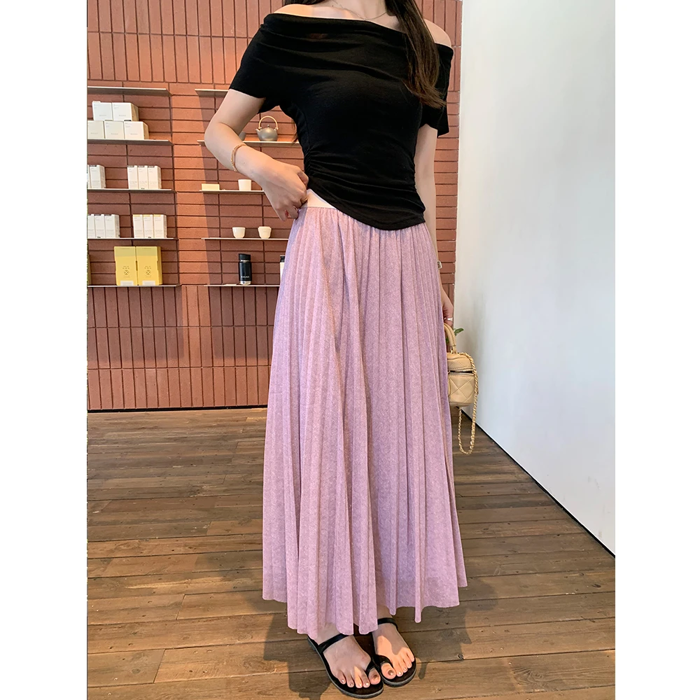 粉色高腰百褶春季新款半身裙女设计感百搭显瘦长裙