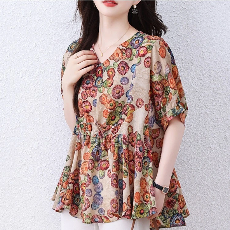 九月陌墨碎花韩版上衣女年夏季印花薄款百搭透气遮肉气质小衫