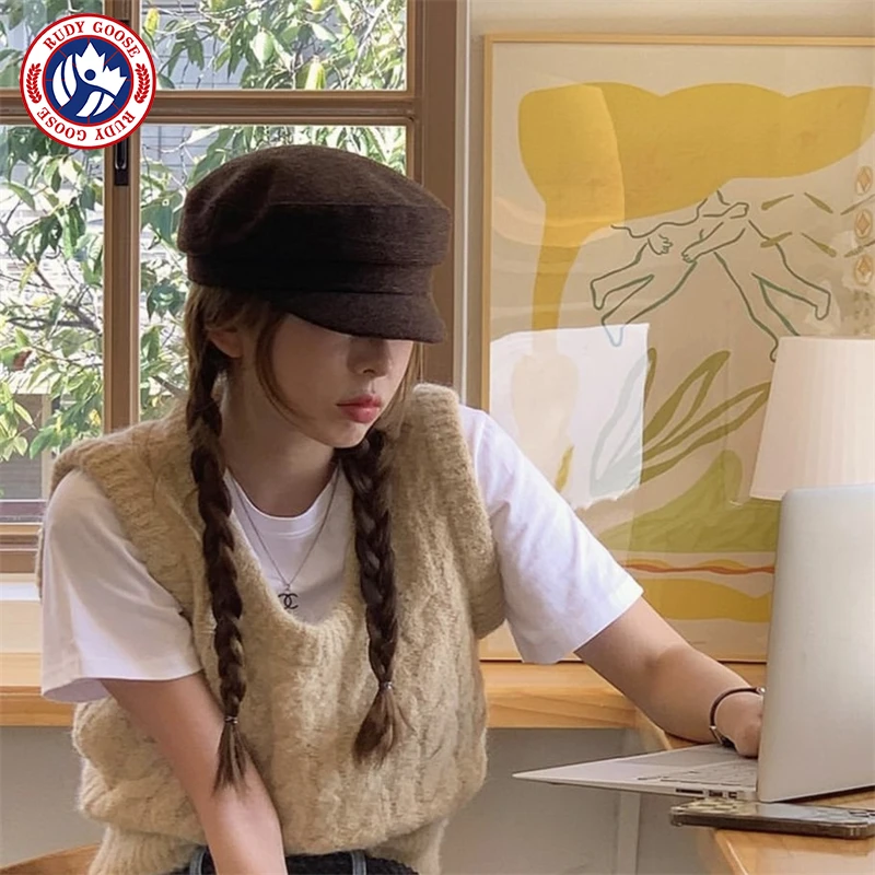 RUDY GOOSE美拉德咖啡色羊毛呢贝雷帽女海军帽时尚百搭英伦平顶帽