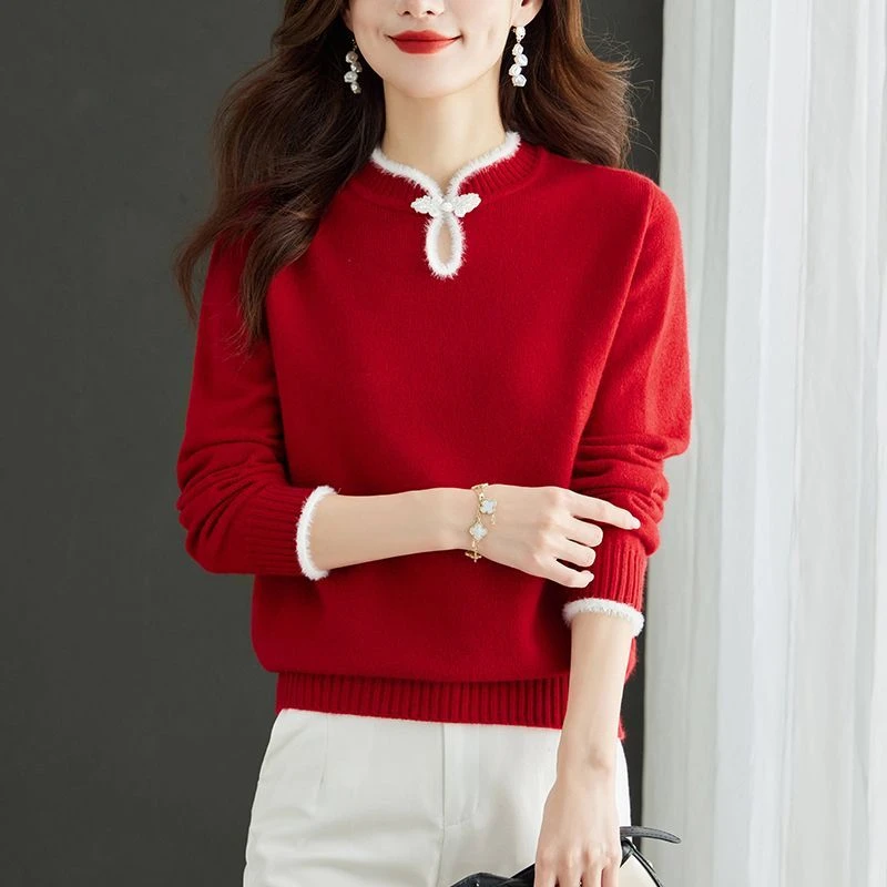 中式女装中国风打底衫女2025新款秋冬龙年本命年衣服大码红色毛衣