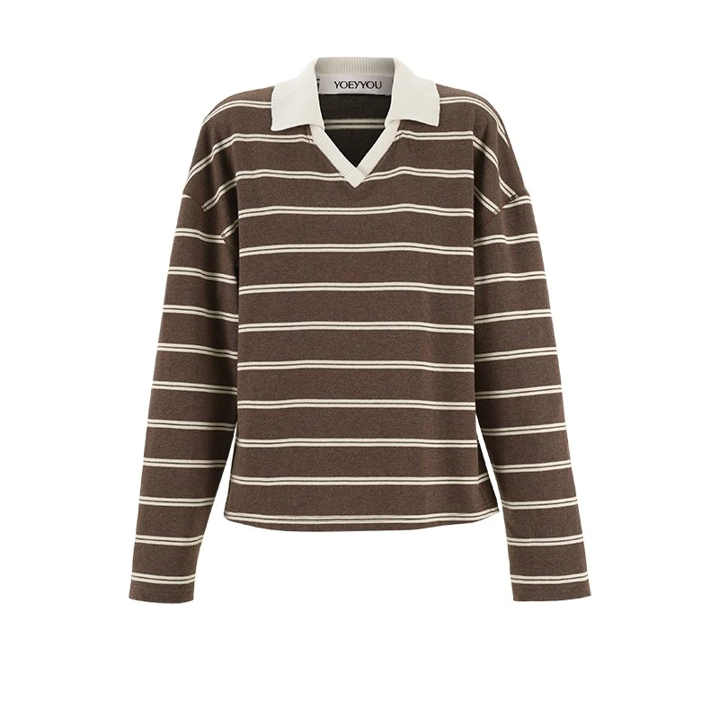 YOEYYOU 翻领修身上衣25春新品设计师款条纹宽松落肩袖长袖T恤女