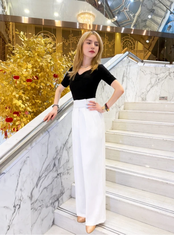 辰艺摩登基础款白夏款高腰阔腿摩登裤