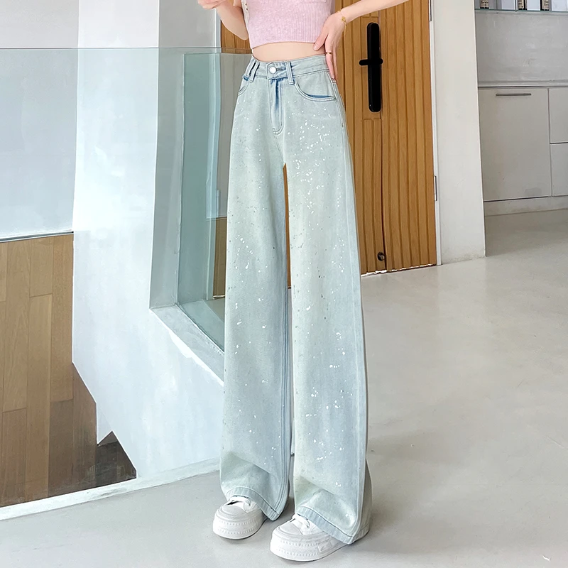 蜜蜜穿搭洒金阔腿裤女2025年秋季梨型身材重工亮片牛仔直筒拖地裤
