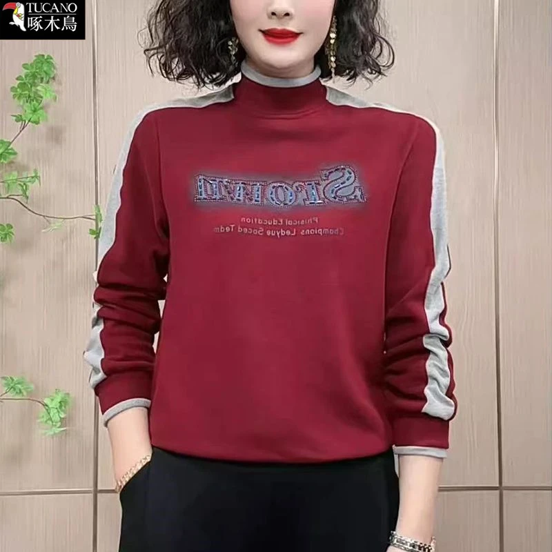 啄木鸟正品爆款半高领拼色上衣2025年秋冬长袖澳绒T恤女修身显瘦