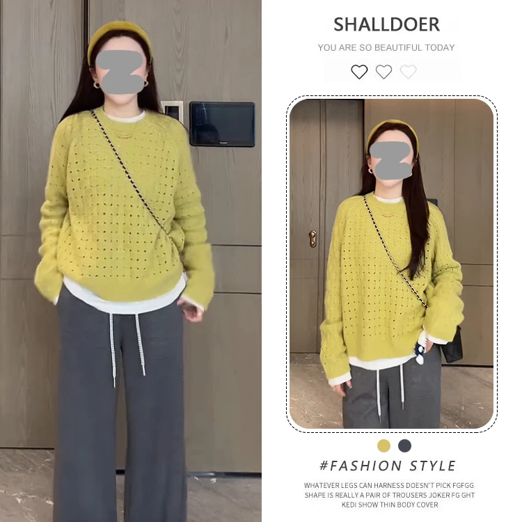 复古洋气设计感慵懒风宽松套头纯色镂空针织上衣女2025秋季衣服