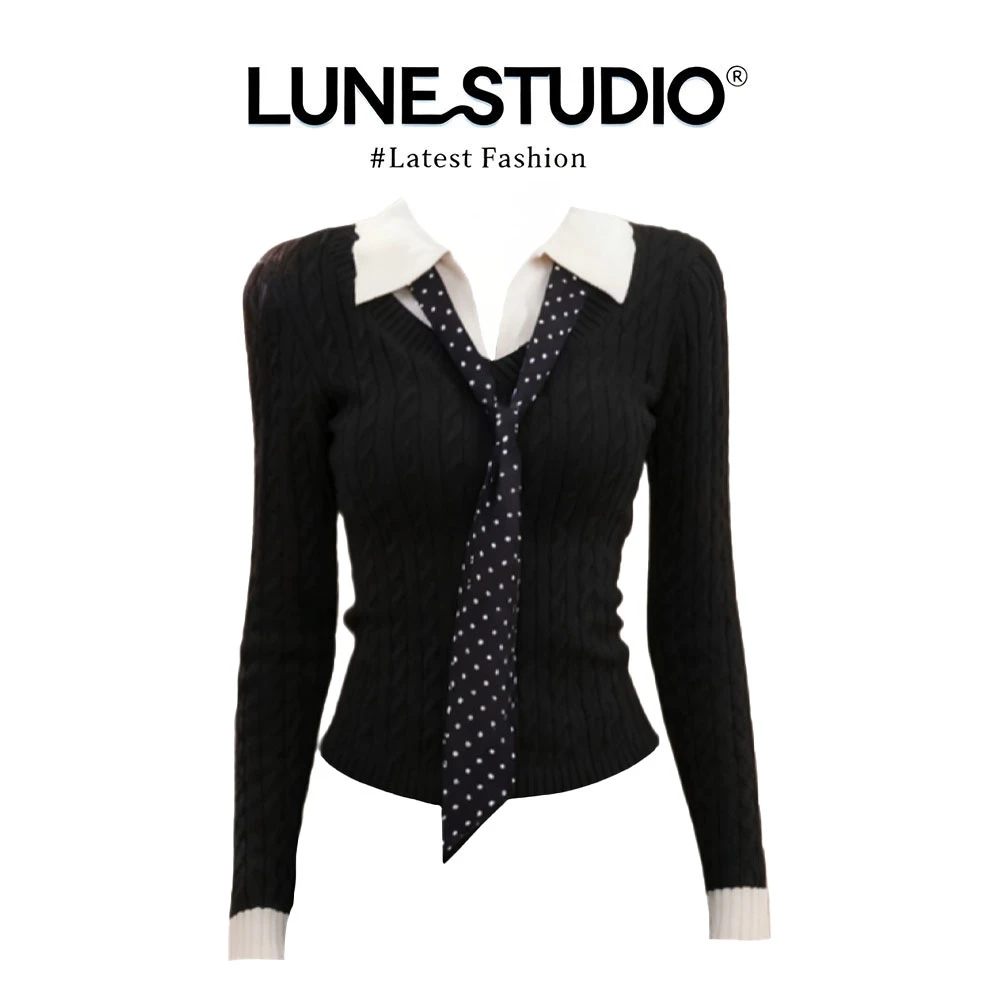 学院风黑色假两件针织衫波点领带翻领秋冬修身绞花甜酷长袖上衣女