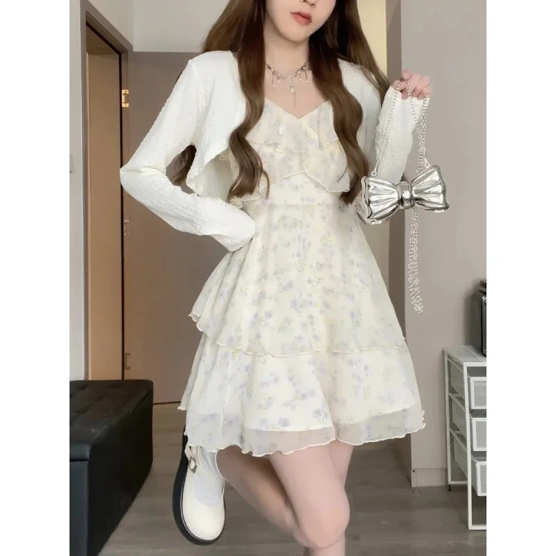 甜美春夏茉莉花温柔风碎花吊带连衣裙气质减龄开衫吊带裙两件套