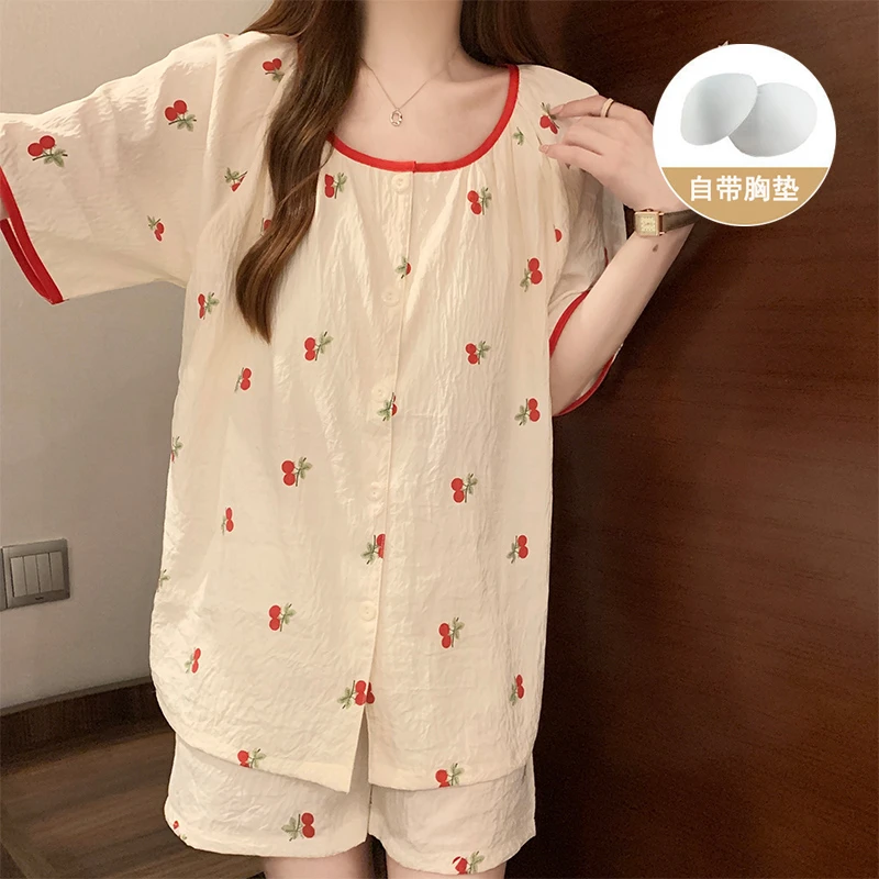 带胸垫夏季甜美可爱樱桃短袖睡衣女2025新款云朵棉少女家居服套装