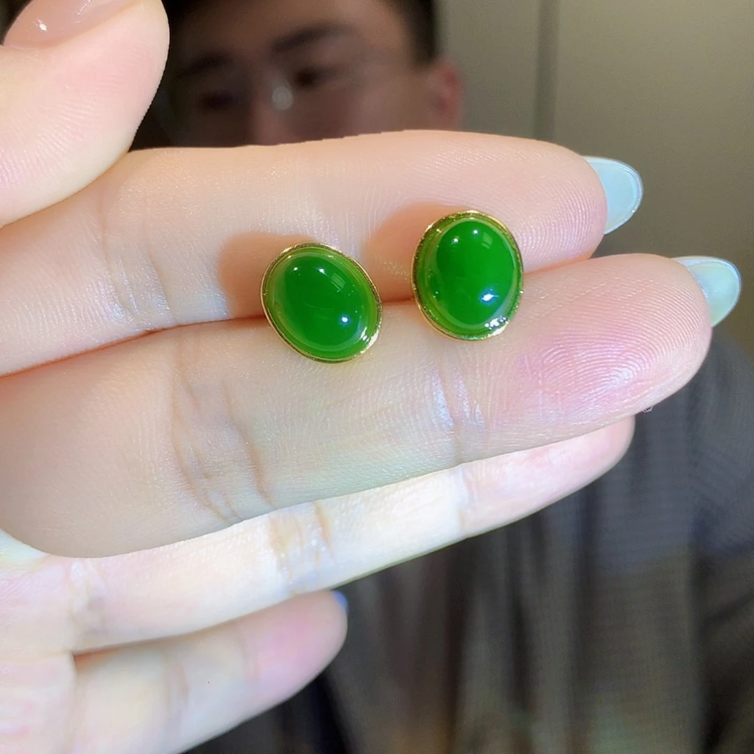 银S925镀金镶嵌和田玉（碧玉）耳饰