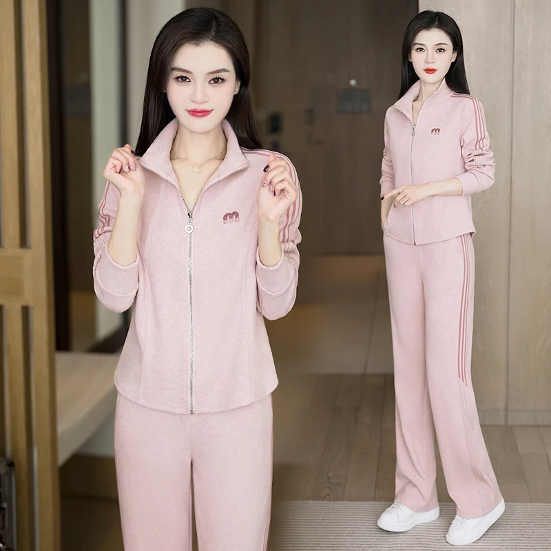 2025春季新款时尚休闲经典字母烫钻显瘦洋气减龄拉链立领开衫套装