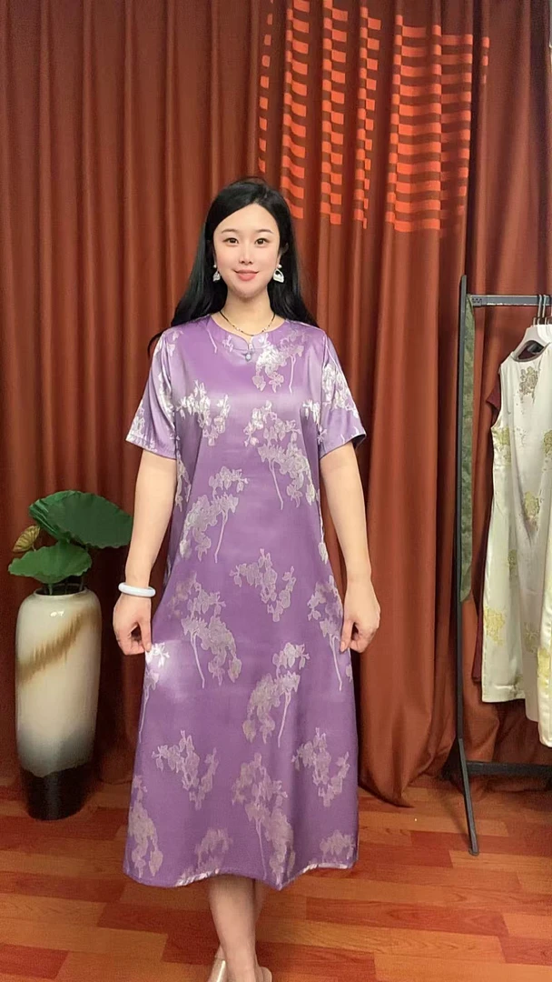 （紫罗兰）夏季休闲气质中长款显瘦宽松时尚妈妈装连衣裙