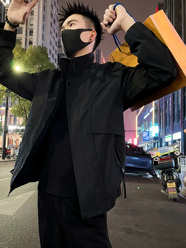 男士休闲夹克黑色立领男装上衣褂子2025春秋新款潮牌商务风衣外套