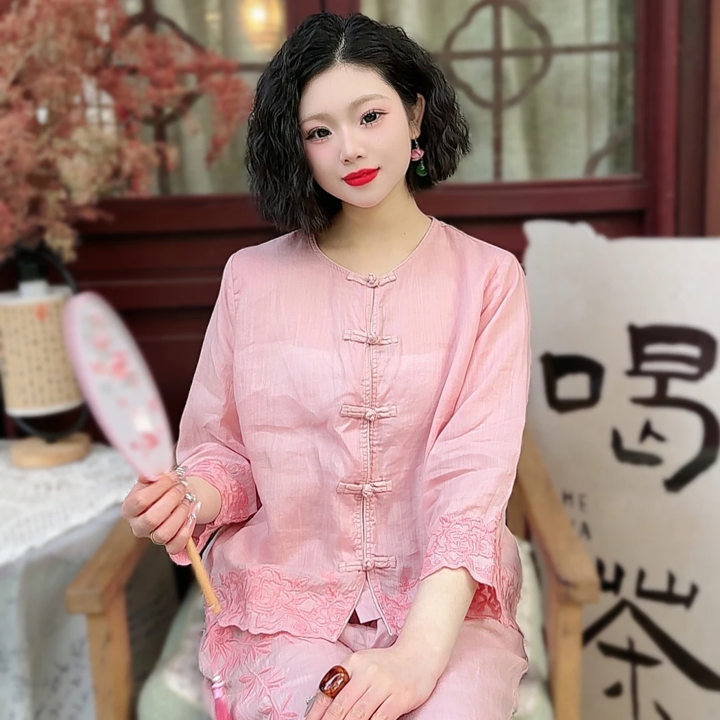 新中式纯苎麻圆领手工盘扣蕾丝绣花衬衫女拼接设计中国风短袖上衣