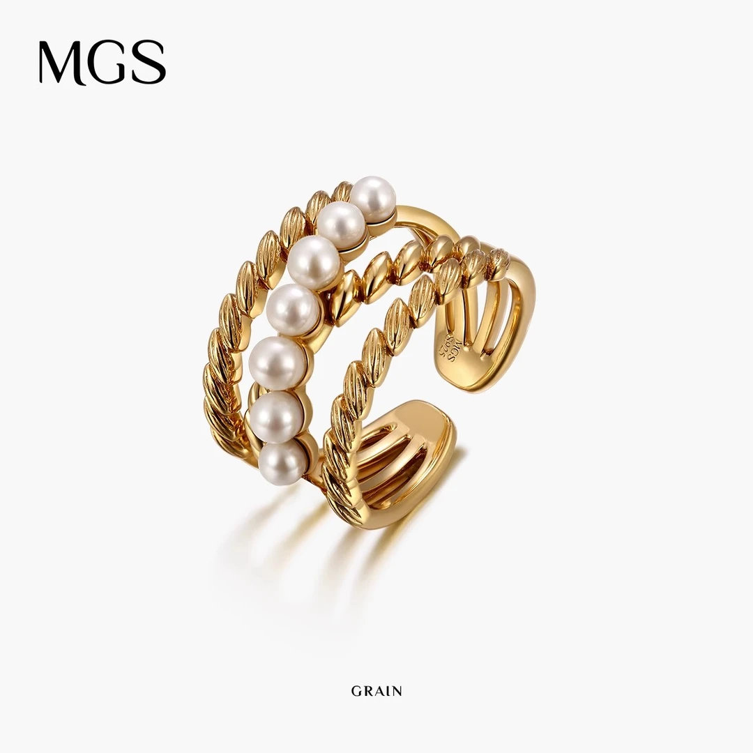 MGS 925银镀金麦穗系列珍珠戒指设计轻奢复古开口戒M0221004006