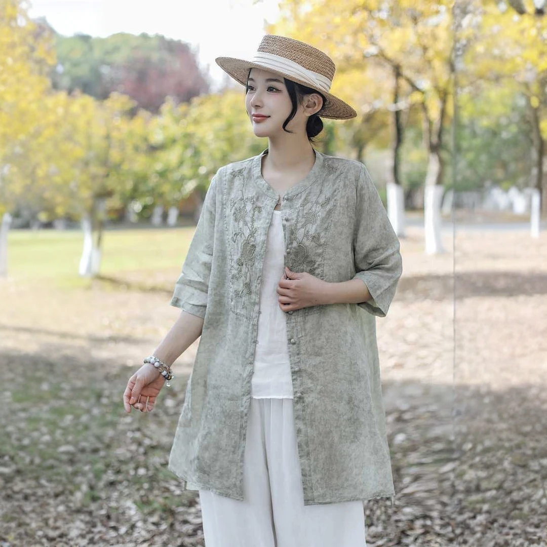 栖蝶-手工炒色苏绣100%苎麻中长上衣9038