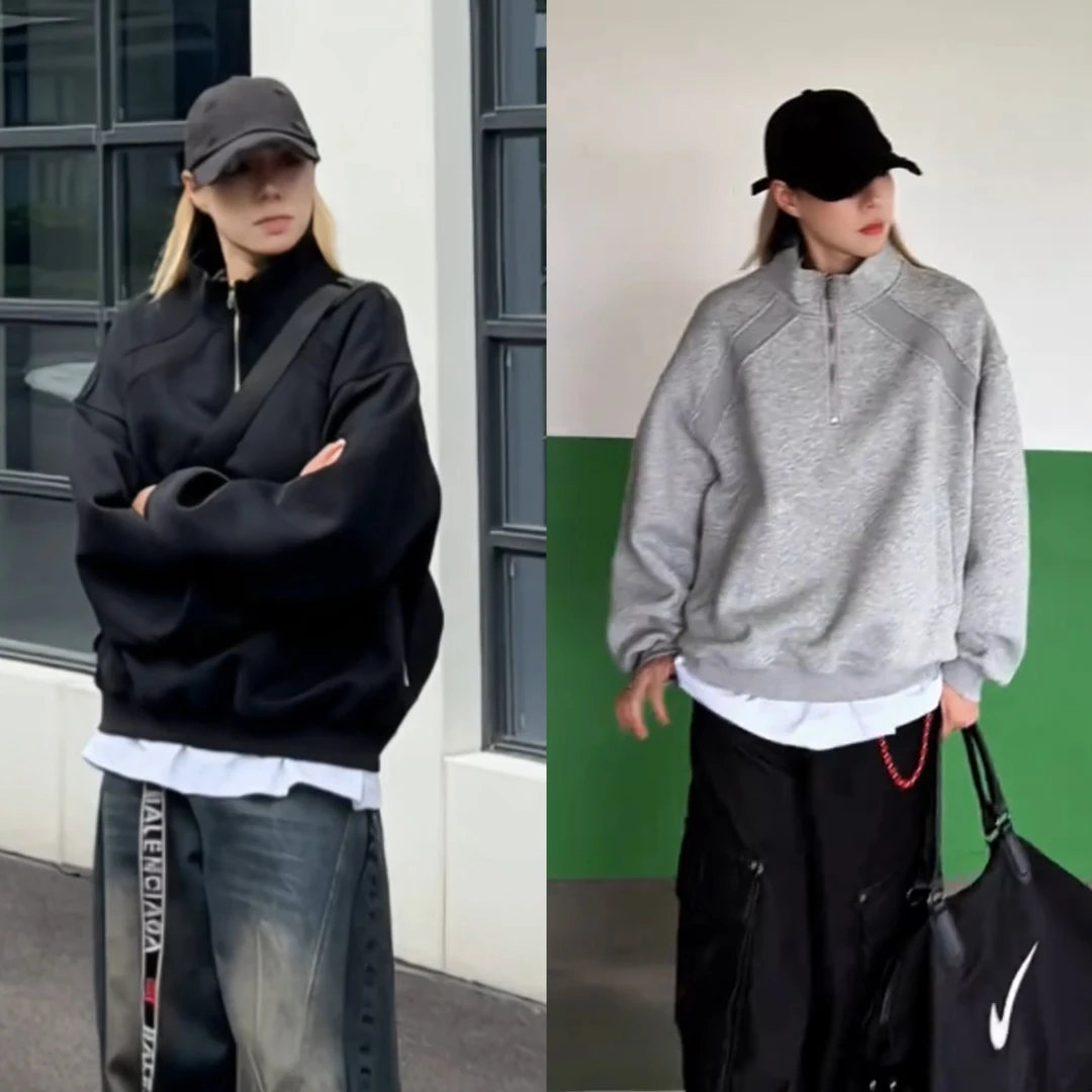 美式解构拼接半拉链套头卫衣女男秋潮牌cleanfit百搭休闲运动上衣