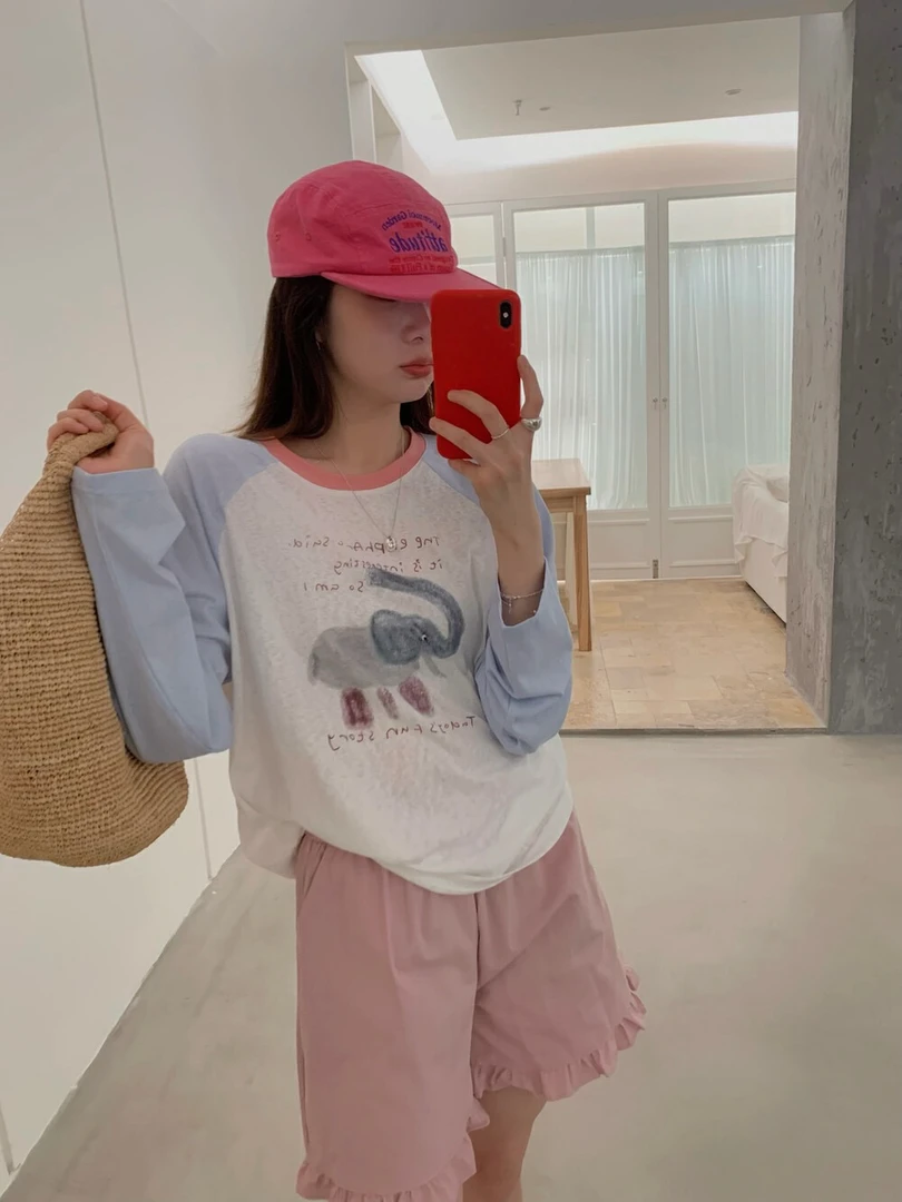 印花长袖圆领撞色条纹插肩袖T恤夏季宽松时尚薄款ins套头设计感