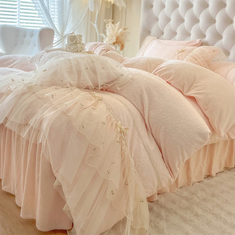 法式冬季加厚雕花牛奶绒四件套公主风双面毛绒被套床裙款少女床品