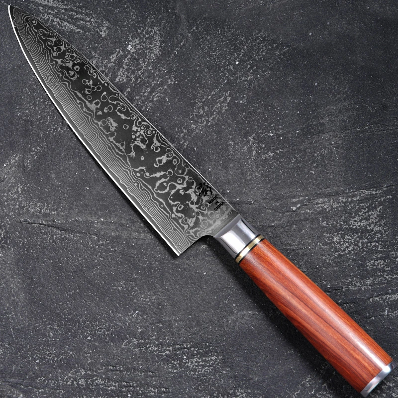 《影》真大马士革雨滴纹10cr15mov钢芯60-62±HRC红檀木主厨牛刀