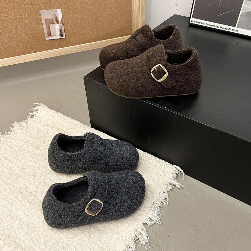 【柠晞】厚底增高灰色加绒勃肯鞋女冬季新款毛呢保暖博肯小个子棉鞋