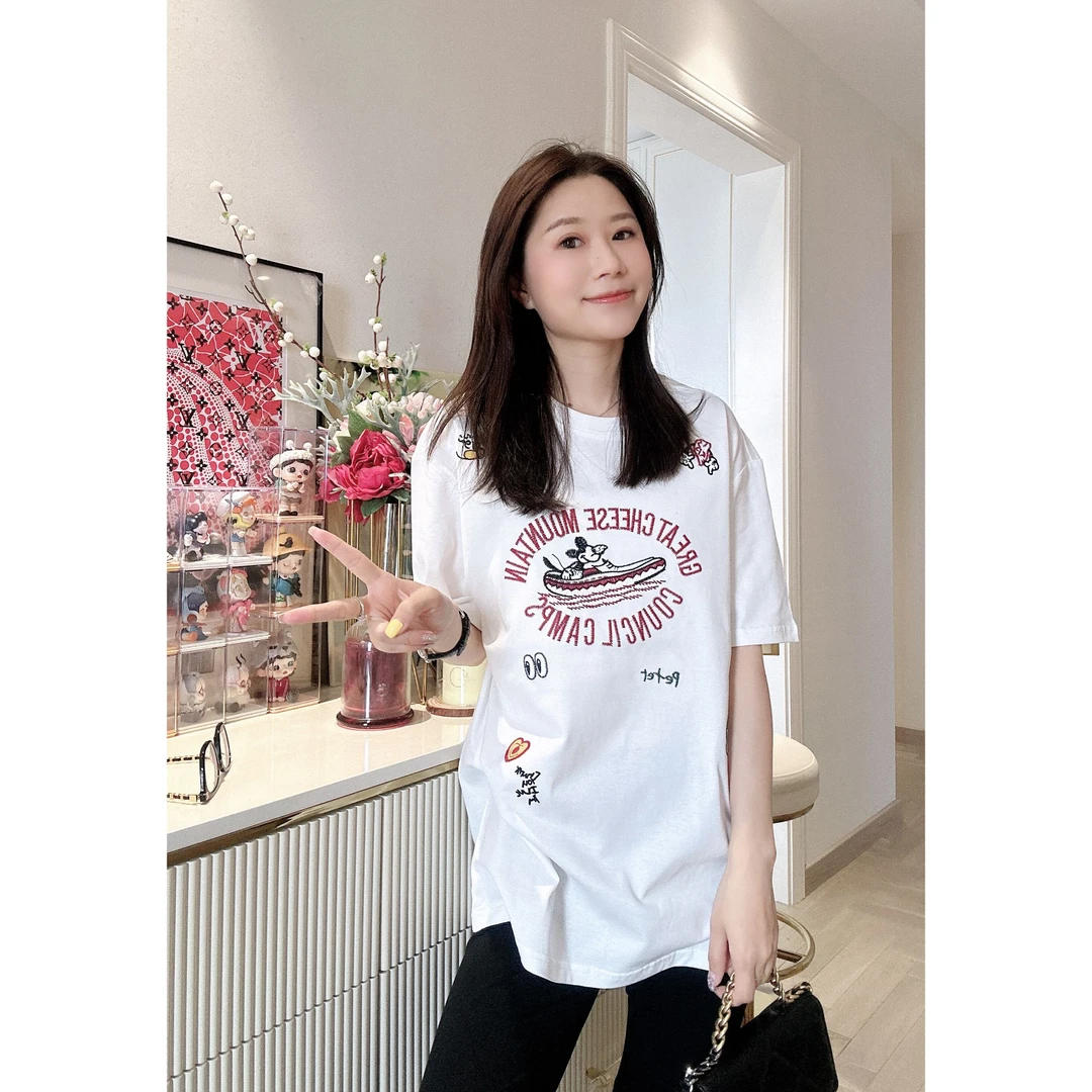 【91023】大板型-夏季纯棉刺绣时尚休闲慵懒百搭女装圆领短袖t恤