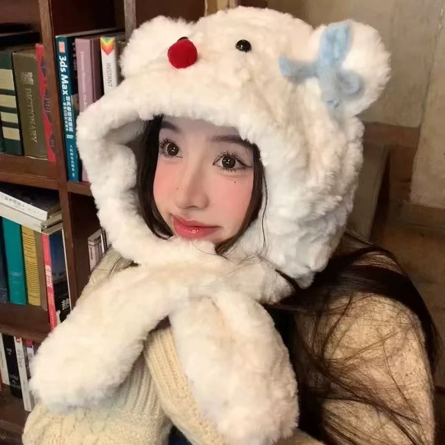 可爱蝴蝶结小熊帽子围巾一体女2025年秋冬季保暖毛绒帽护耳雷Dys