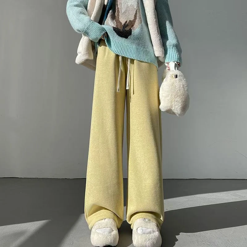 黄色加绒糯米裤女冬季加厚小个子九分宽松毛巾阔腿裤