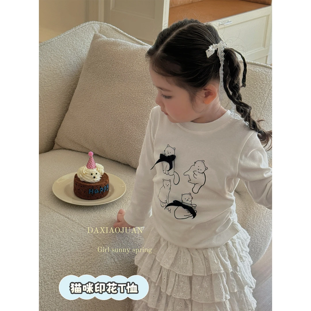 女童猫咪印花蝴蝶结长袖T-302