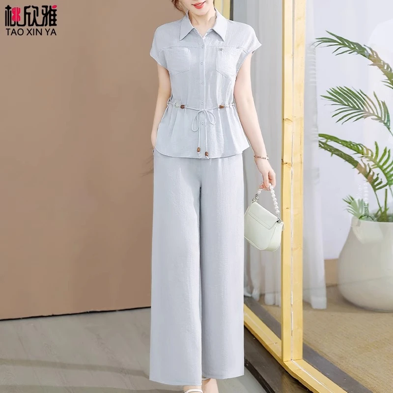 2025新款妈妈夏装时尚亚麻套装中老年女装短袖翻领衬衫休闲两件套