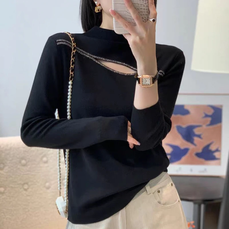 正品哥弟新款女士磨毛羊绒打底衫小立领镂空亮片设计款纯色内搭女