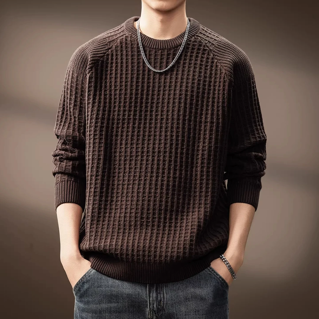 美式华夫格肌理感针织衫男士秋冬新款保暖套头休闲内搭打底毛衣男