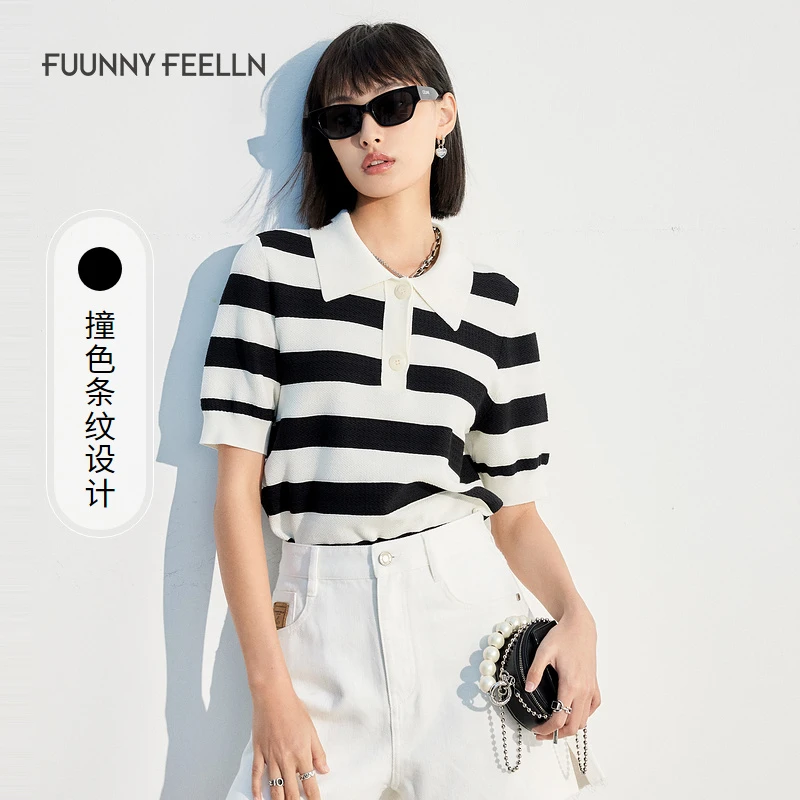 【九月专属】织衫短袖T恤女polo领条纹修身显瘦气质FZ01315休闲撞