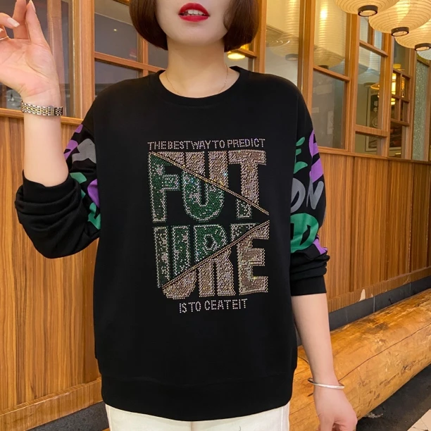 秋季字母烫钻宽松显瘦圆领卫衣印花百搭时尚洋气长袖上衣