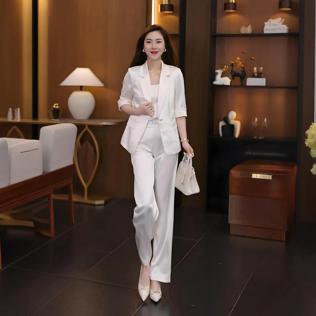 职业套装女春秋时尚减龄韩版女神范洋气中袖外套吊带小西装三件套