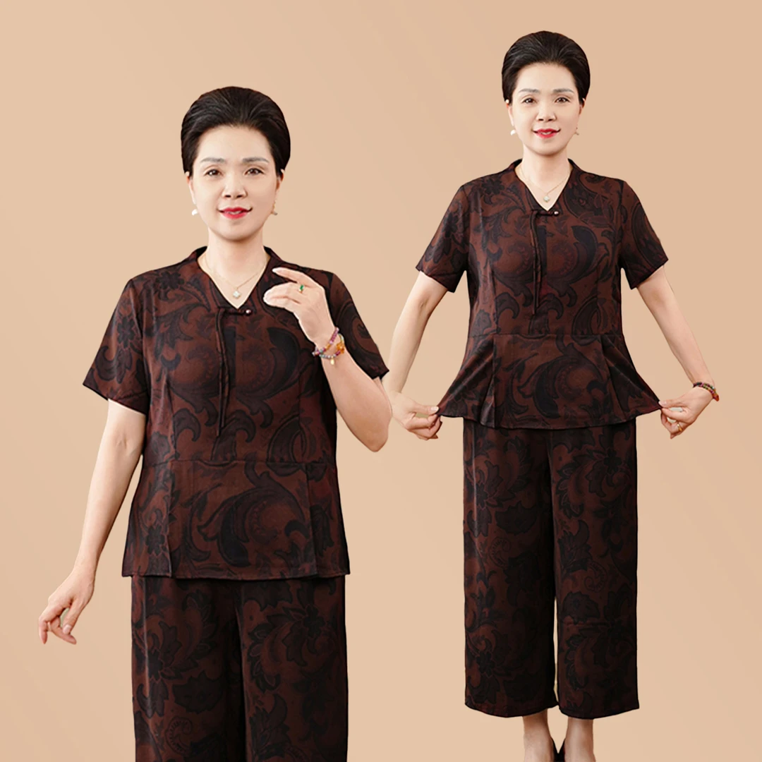 妈妈装夏季新中式v领短袖九分裤中老年女装妈妈装宽松加大码套装