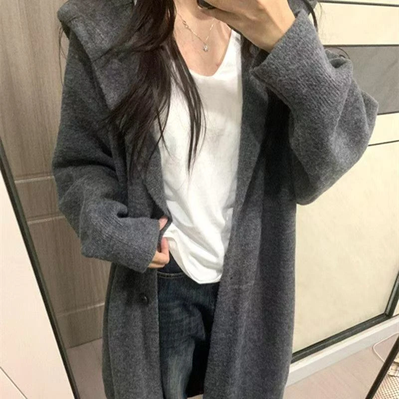 韩系慵懒风连帽长款过膝针织开衫毛衣女2025秋冬宽松显瘦外套大衣