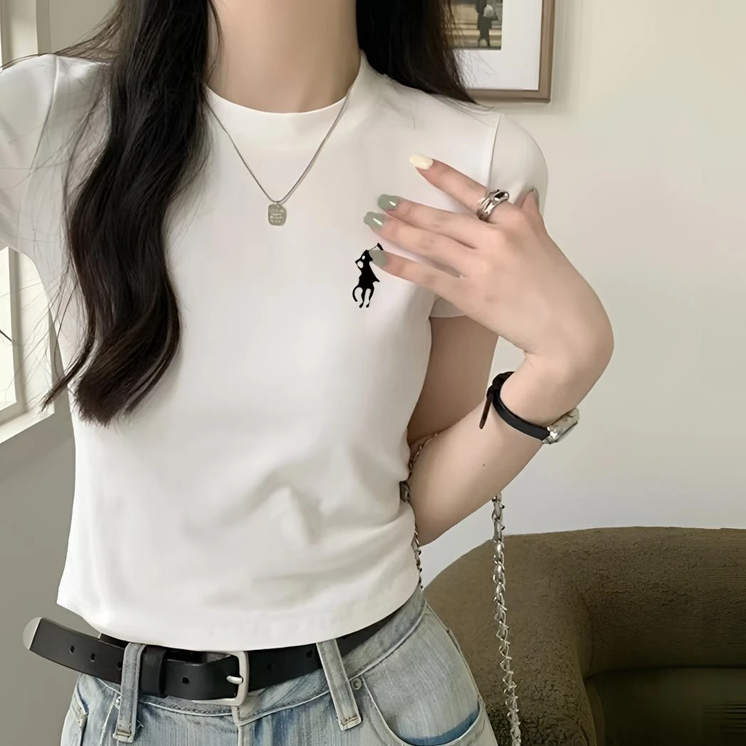 小个子正肩短款t恤女2025夏季ins风高腰显瘦纯色圆领小领白色上衣