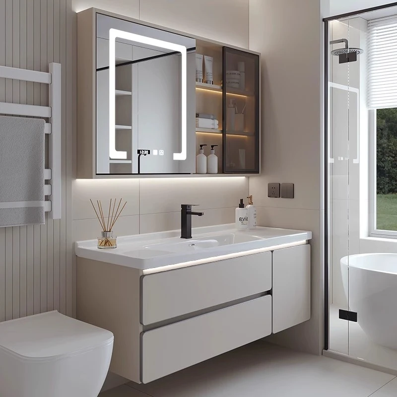 奶油风铝合金包边一体浴室柜卫生间洗漱台智能除雾镜柜组合