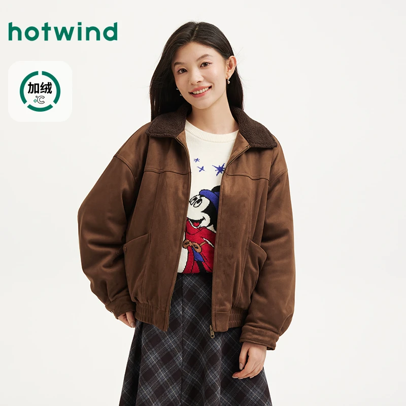 热风2025年冬季新款女士翻领短款百搭时尚外套加绒F07W25417秋冬