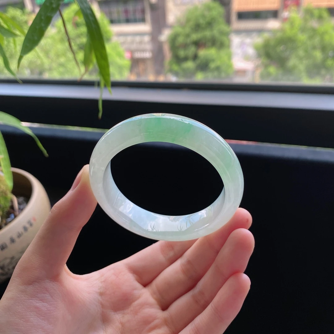 好色珠宝  圈口51缅甸老坑A货冰糯种果绿正圈女款翡翠手镯