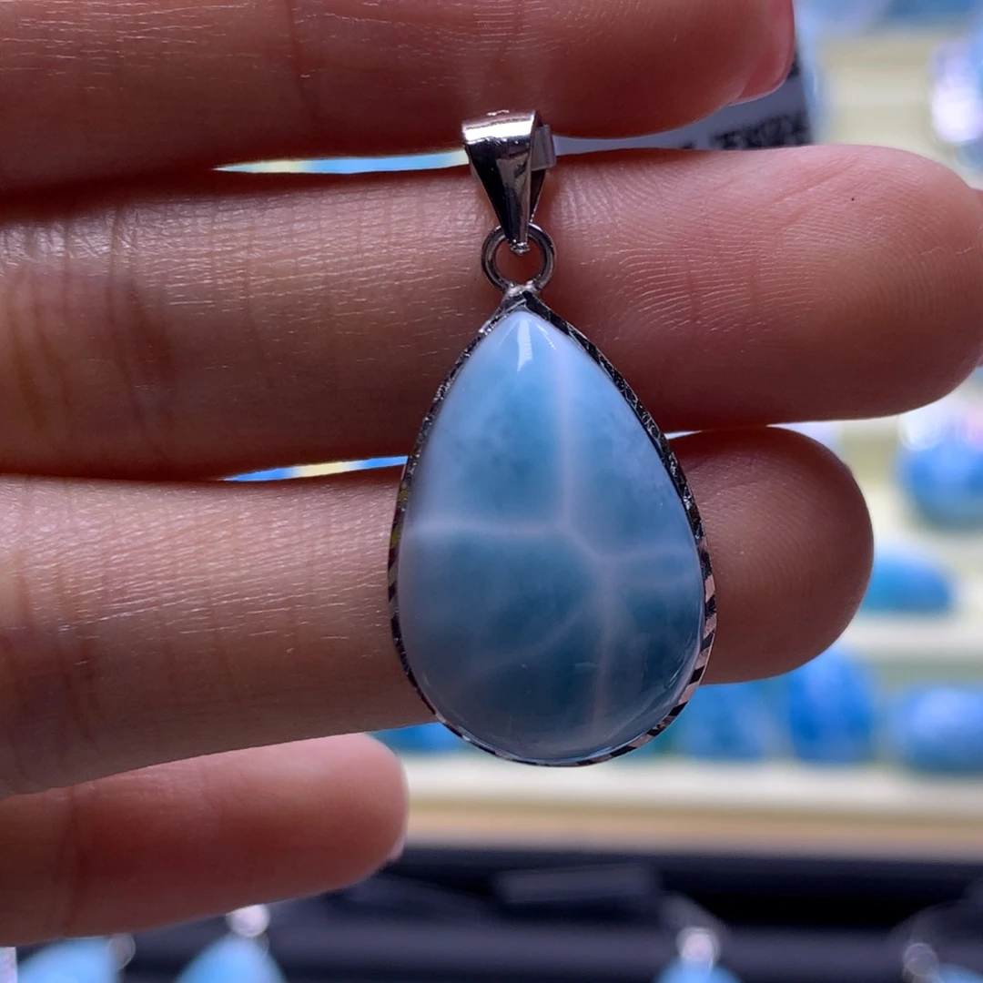 针钠钙石（海纹石）银S925镶嵌吊坠(不含链)水滴吊坠色差略异