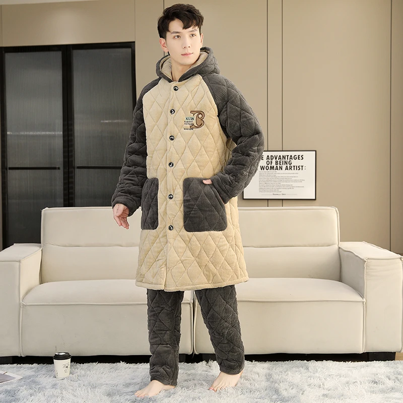 冬季男士新款加绒加厚家居服睡衣套装三层夹棉连帽中长款保暖百搭