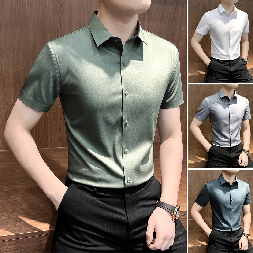 冰丝无痕凉感短袖衬衫男款爆款2025新款秋季薄款商务休闲男士衬衣
