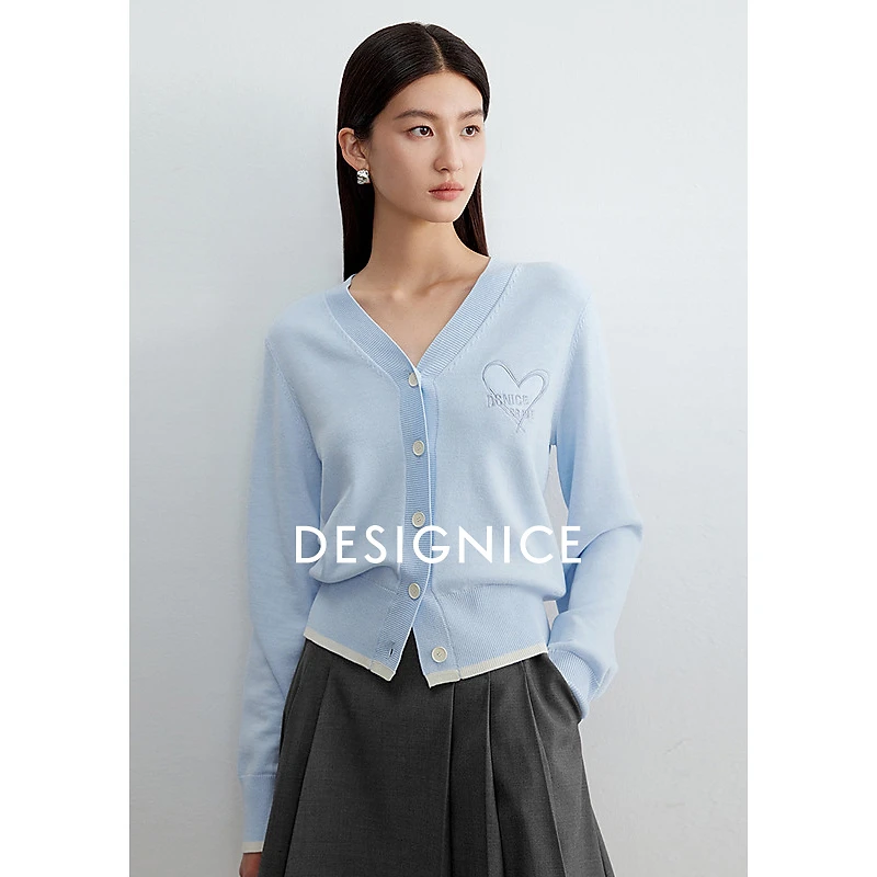 迪赛尼斯春通勤气质蓝色开衫简约V领毛针织衫