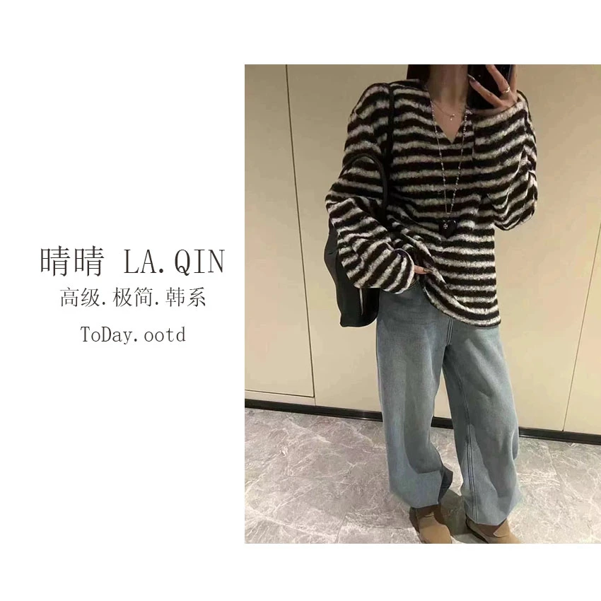 晴晴家-【轻奢休闲条纹】韩系时尚毛绒卷V领条纹卫衣3931