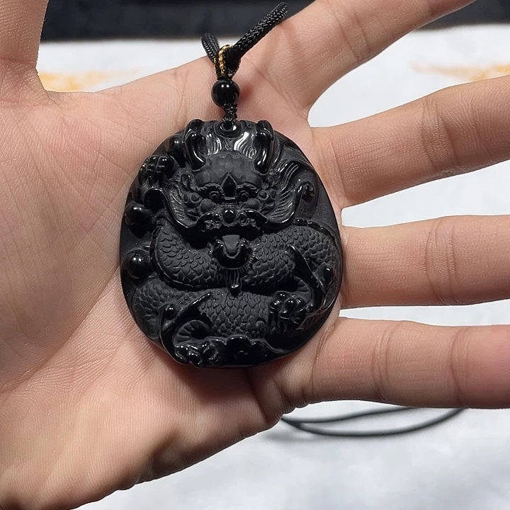 黑曜岩合金颈饰龙牌圆