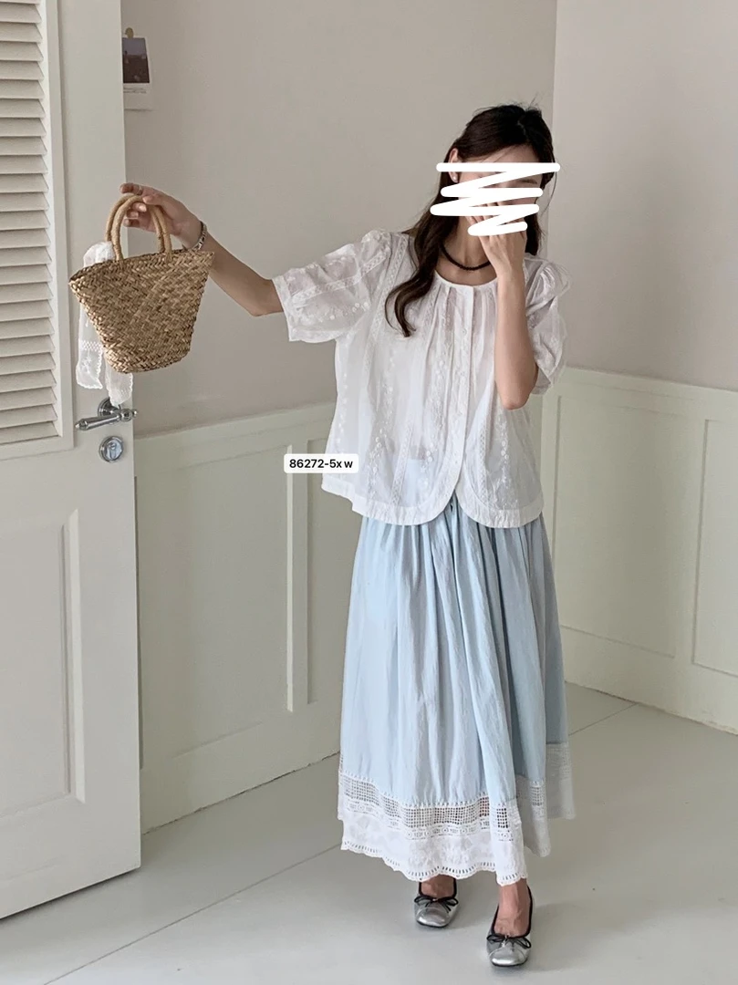 86272 刺绣/绣花夏季刺绣短袖圆领衬衫外搭洋气