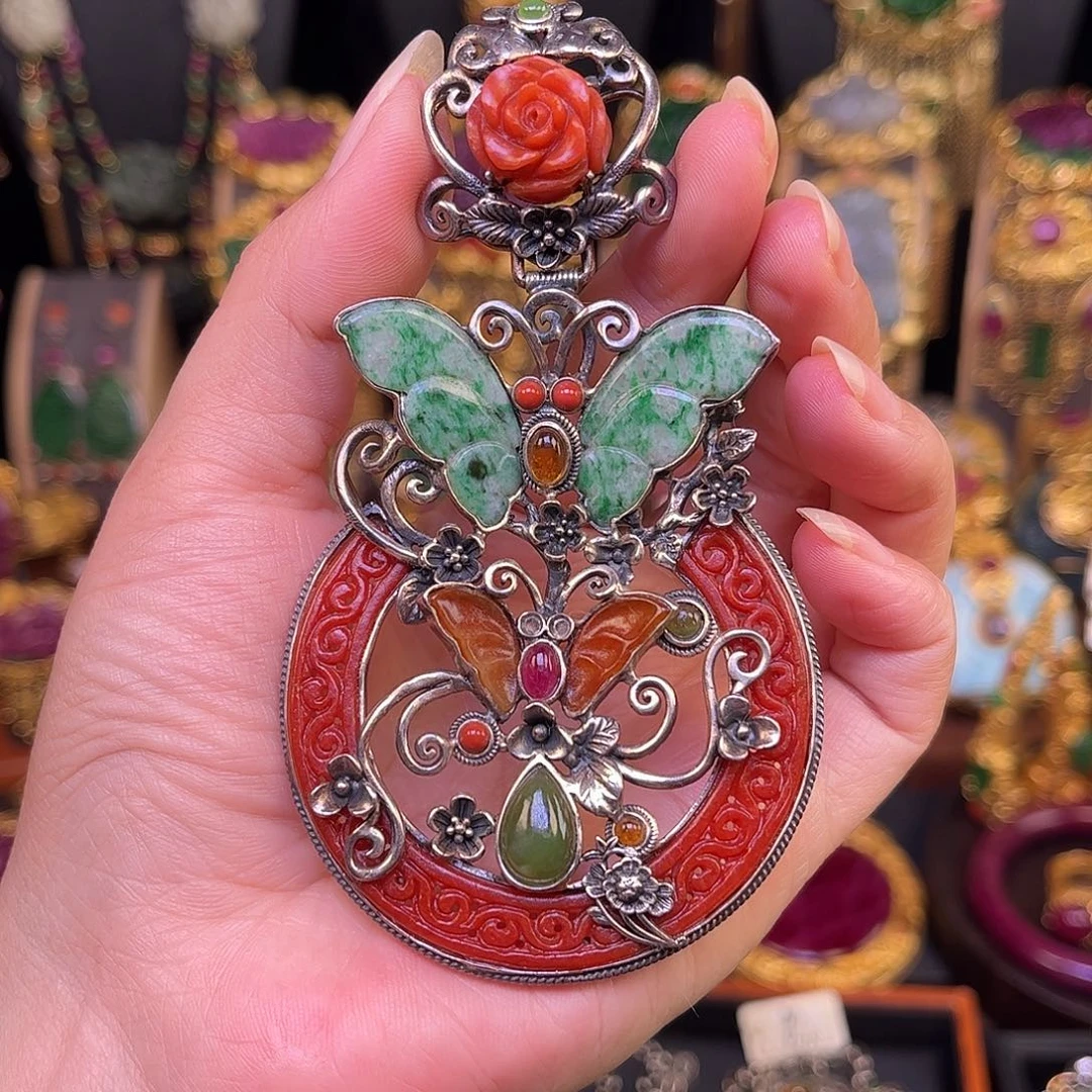 吊坠(不含链)银S925镶嵌翡翠多宝吊坠